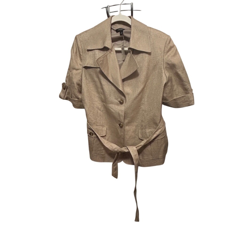NWT Ann Taylor Womens 12 Metallic Gold Belted Short Sleeve Blazer Jacket Coat